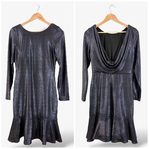 NightWay Shimmer Navy Dress Draped Back Size 12 Fluted Hem Evening Formal Bridal